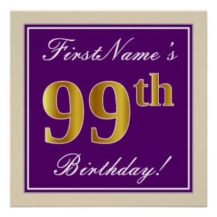 Elegant, Purple, Faux Gold 99th Birthday + Name Poster