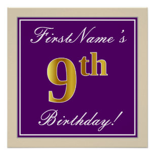 Elegant, Purple, Faux Gold 9th Birthday + Name Poster