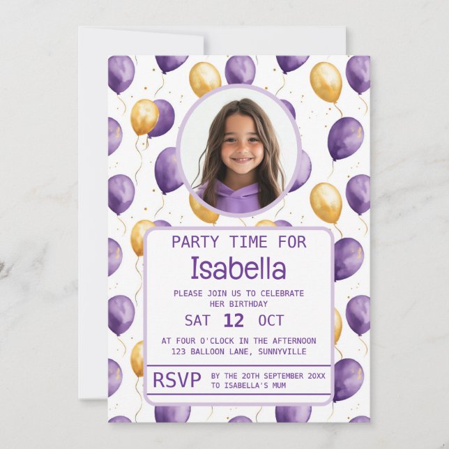 Elegant Purple Faux Gold Balloons Birthday Invitation (Front)
