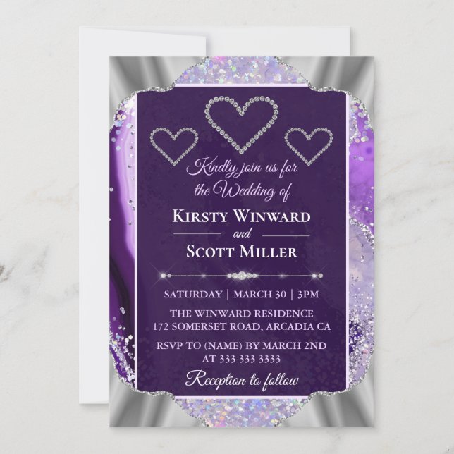 Elegant Purple Faux Holo Glitter Agate Wedding Invitation (Front)