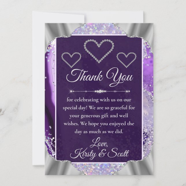 Elegant Purple Faux Holo Glitter Agate Wedding  Thank You Card (Front)