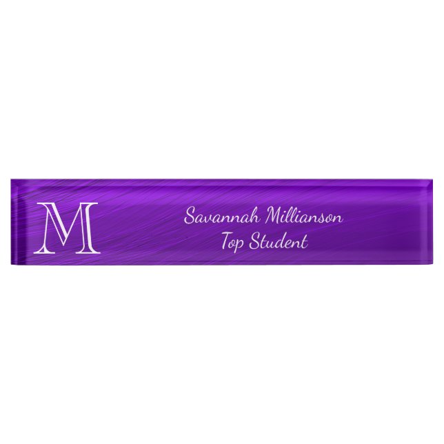 Elegant Purple Faux Metal Monogram Student Nameplate (Front)