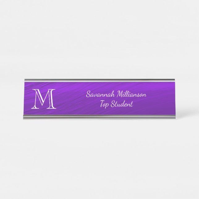 Elegant Purple Faux Metal Student Monogram Desk Name Plate (Front)