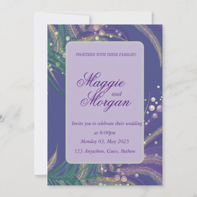 Elegant Purple Feather Wedding Invitation (Front)
