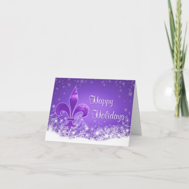 Elegant Purple Fleur-de-lis Snowflake Holiday Card (Front)