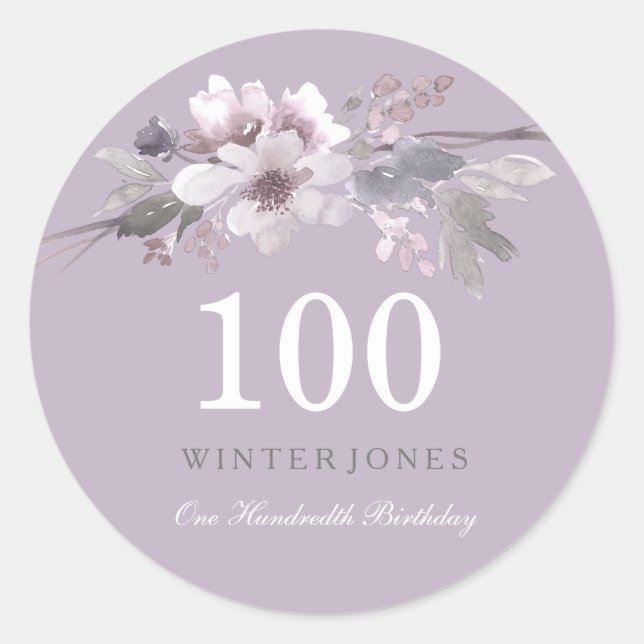Elegant Purple Floral 100th Birthday Party Classic Round Sticker (Front)