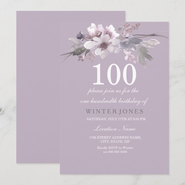 Elegant Purple Floral 100th Birthday Party Invite (Front/Back)