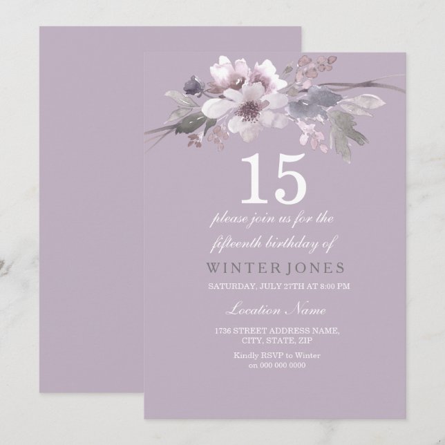 Elegant Purple Floral 15th Birthday Party Invite (Front/Back)