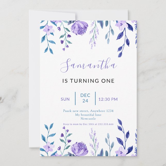 Elegant Purple Floral 1st Birthday Invitation (Front)