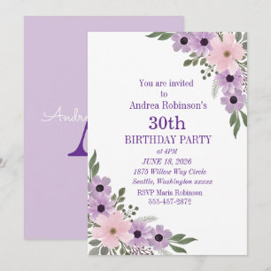 Elegant Purple Floral 30th Birthday Invitation