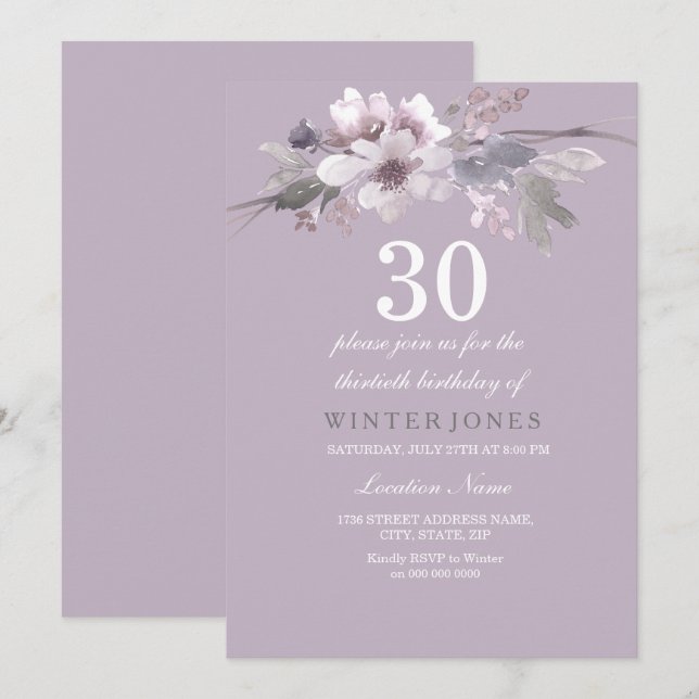 Elegant Purple Floral 30th Birthday Party Invite (Front/Back)