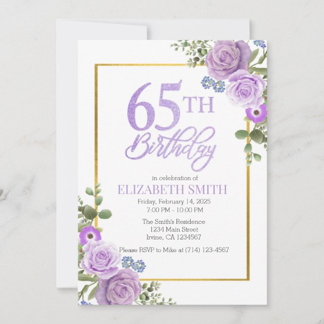 Elegant Purple Floral 65th Birthday Invitation  (Front)