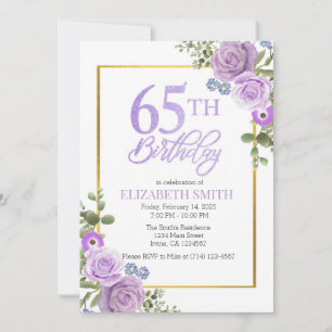 Elegant Purple Floral 65th Birthday Invitation