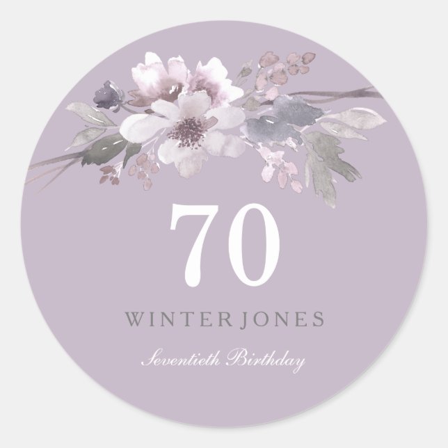 Elegant Purple Floral 70th Birthday Party Classic Round Sticker (Front)