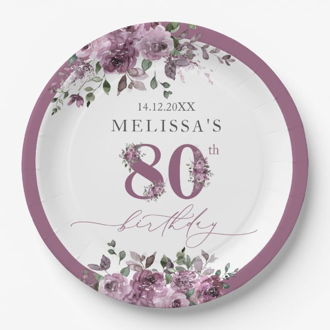 Elegant Purple Floral 80th Birthday Paper Plate (Front)