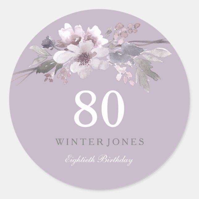Elegant Purple Floral 80th Birthday Party Classic Round Sticker (Front)