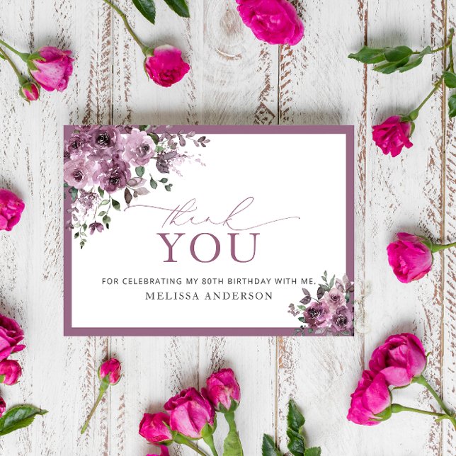 Elegant Purple Floral 80th Birthday Thank You Card (Creator Uploaded)