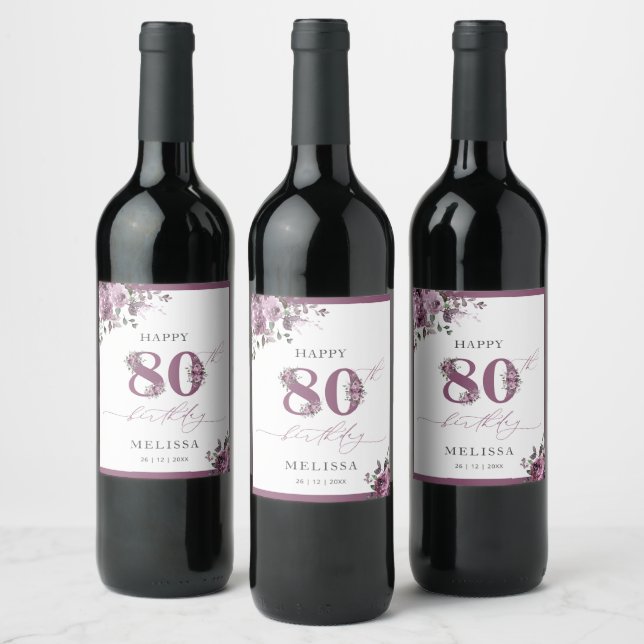 Elegant Purple Floral 80th Birthday Wine Label (Bottles)
