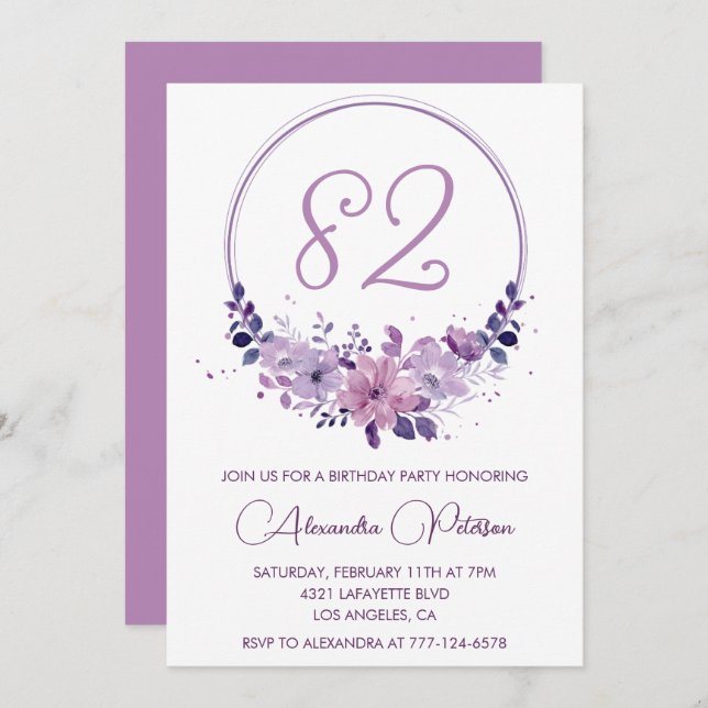Elegant Purple Floral 82nd birthday Invitation (Front/Back)