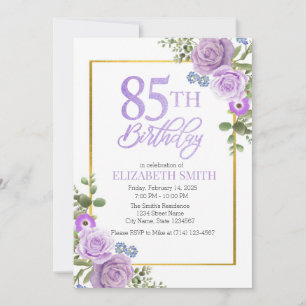 Elegant Purple Floral 85th Birthday Invitation