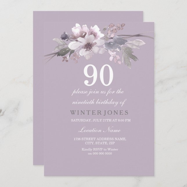 Elegant Purple Floral 90th Birthday Party Invite (Front/Back)