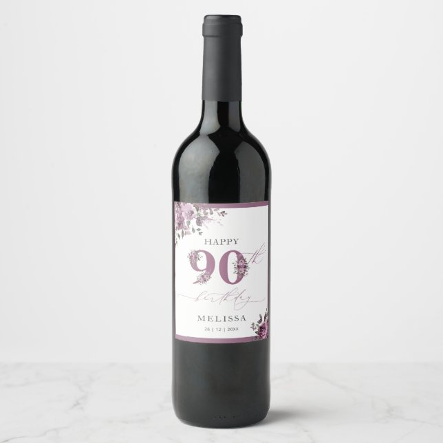 Elegant Purple Floral 90th Birthday Wine Label (Front)