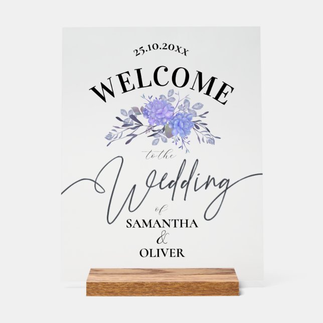 Elegant Purple Floral Acrylic Wedding Welcome Sign (Front)
