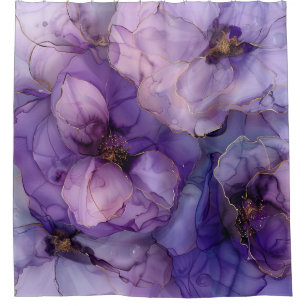 Elegant Purple Floral Alcohol Ink Gold Veins Shower Curtain