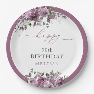 Elegant Purple Floral Any Age Birthday Paper Plate