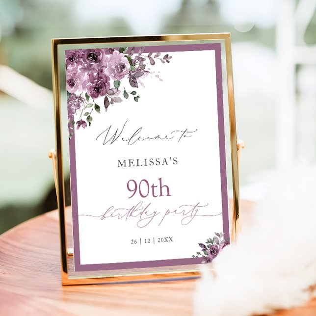 Elegant Purple Floral Any Age Birthday Welcome Poster (Creator Uploaded)