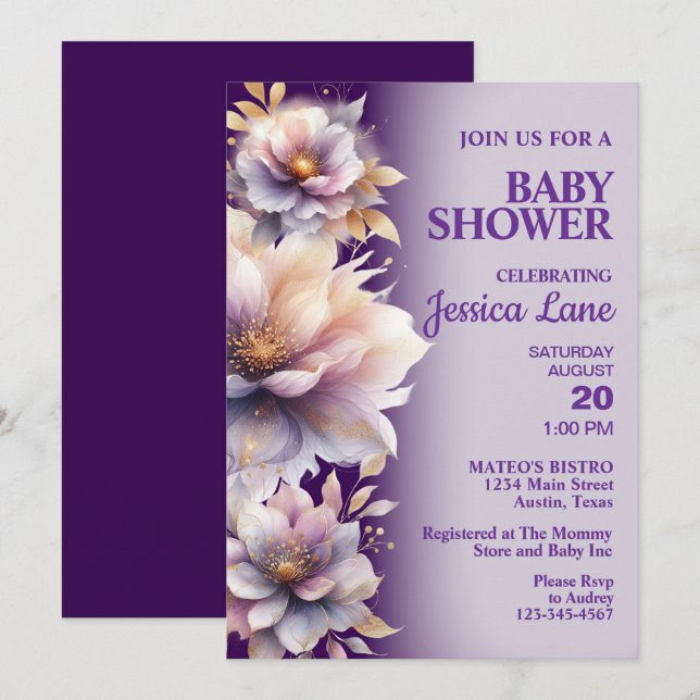 Elegant Purple Floral Baby Shower Invitation (Front/Back)