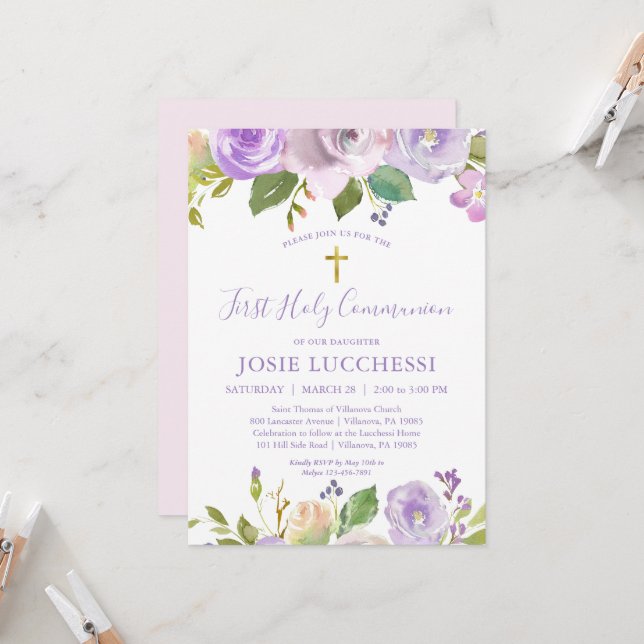 Elegant Purple Floral Baptism Communion Invitation (Front/Back In Situ)