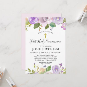 Elegant Purple Floral Baptism Communion Invitation
