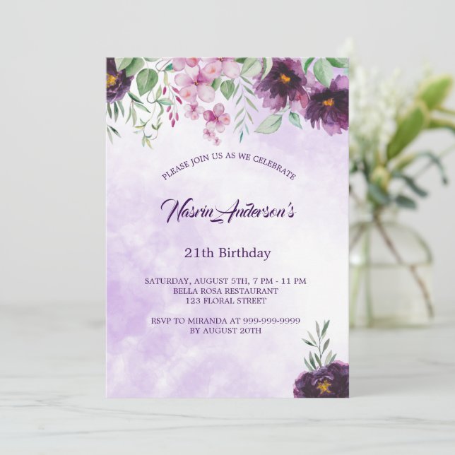 Elegant Purple Floral Birthday Invitation (Standing Front)