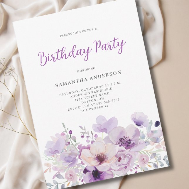 Elegant Purple Floral Birthday  Invitation (Creator Uploaded)