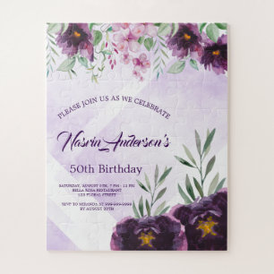Elegant Purple Floral Birthday Invitation Jigsaw Puzzle