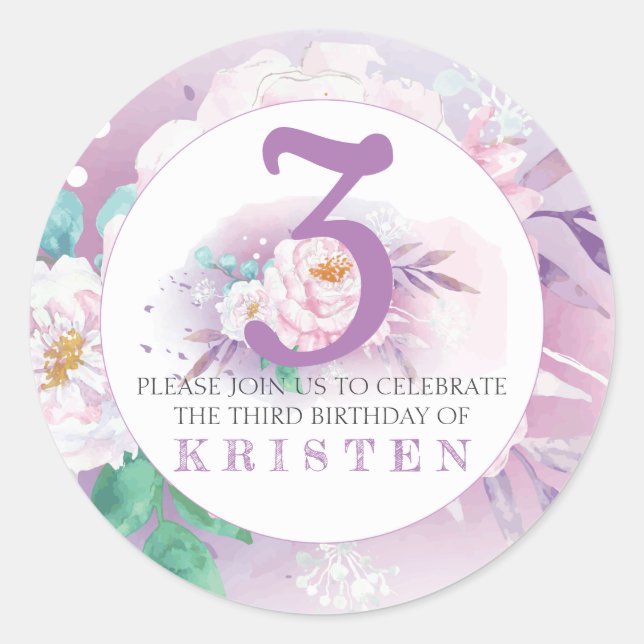 Elegant purple floral birthday party classic round sticker (Front)