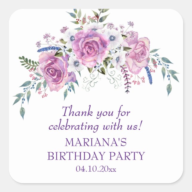 Elegant Purple Floral Birthday Party Favour Square Sticker (Front)