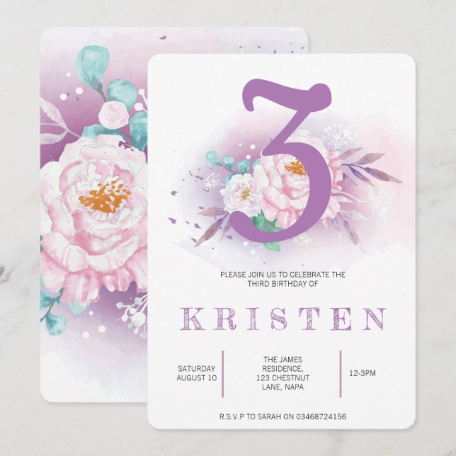 Elegant purple floral birthday party invitation (Front/Back)