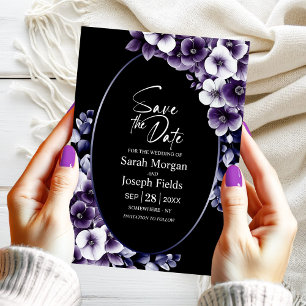 Elegant Purple Floral Black Oval Save the Date Invitation