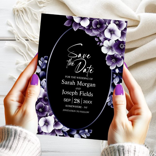 Elegant Purple Floral Black Oval Save the Date Invitation (Creator Uploaded)