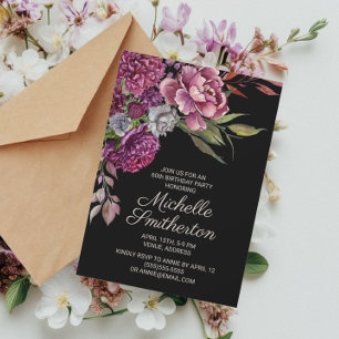 Elegant Purple Floral Black Women's 60th Birthday Invitation