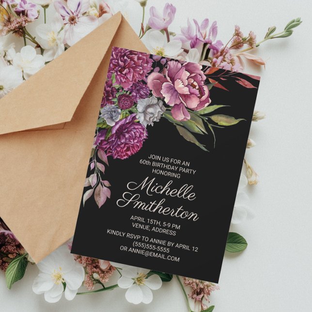 Elegant Purple Floral Black Women's 60th Birthday Invitation (Purple floral 60th birthday party invitation)