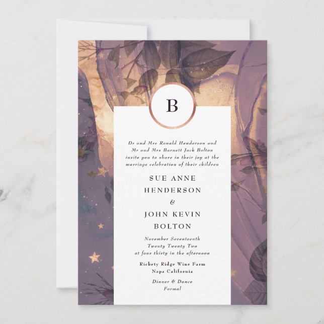 Elegant Purple Floral Boho Fantasy Golden Fall Invitation (Front)