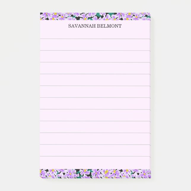 Elegant Purple Floral Border Personalised Lined Post-it Notes (Front)
