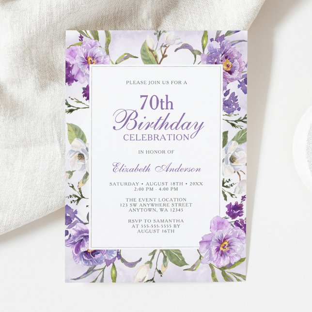Elegant Purple Floral Botanical 70th Birthday Invitation (Creator Uploaded)