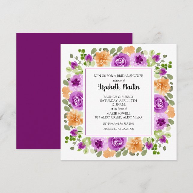 Elegant Purple Floral Bridal Shower Invitation (Front/Back)