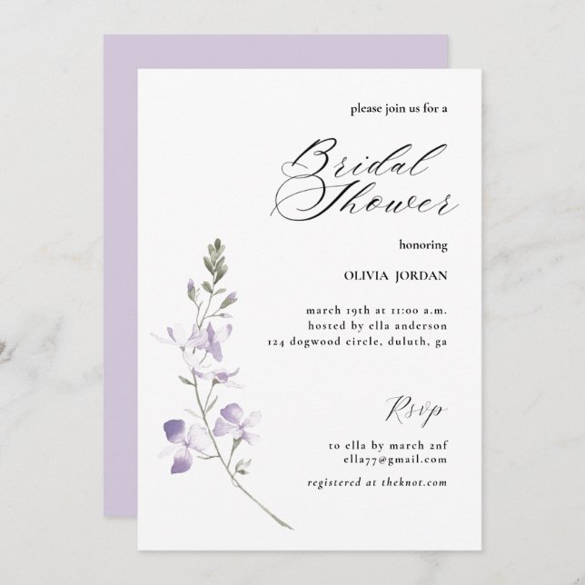 Elegant Purple Floral Bridal Shower Invitation (Front/Back)