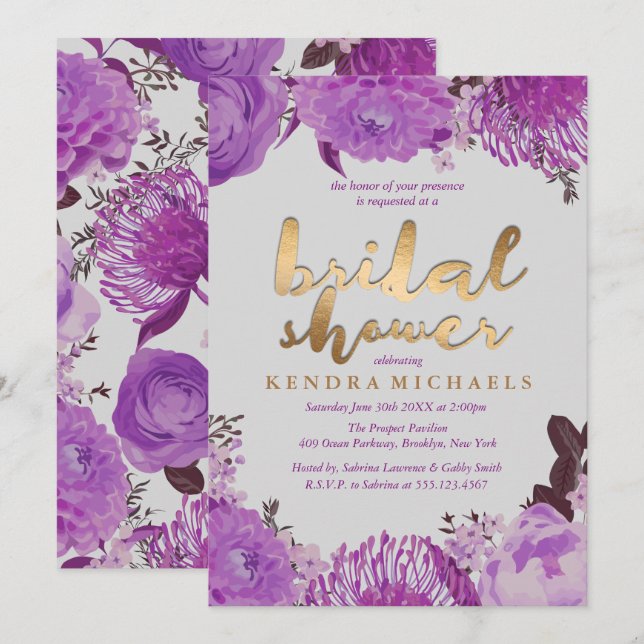 Elegant Purple Floral Bridal Shower Invitations (Front/Back)
