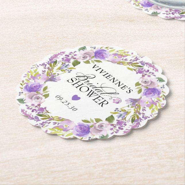 Elegant Purple Floral Bridal Shower Paper Coaster (Angled)